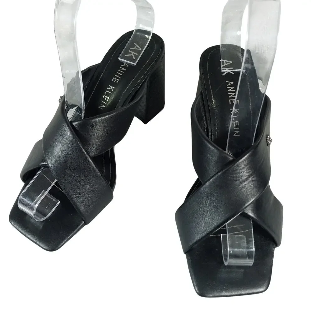 ANNE KLEIN! BLACK VEGAN LEATHER CRISS CROSS STRAP CHUNKY HEELS, SANDALS! 6.5M